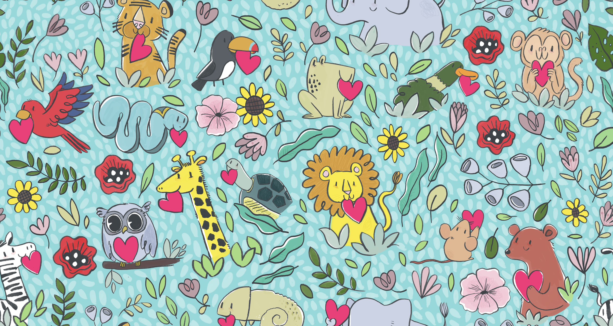 Colorful cartoon-style jungle scene with various animals holding pink hearts, surrounded by flowers and leaves on a blue background.