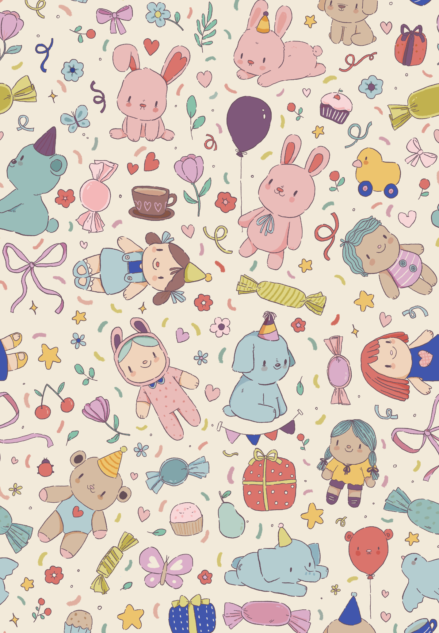 Cute pastel-colored illustration featuring cartoon animals, children, party elements like balloons, gifts, cake, candies, hats, bows, hearts, stars, flowers, and confetti, creating a festive scene.
