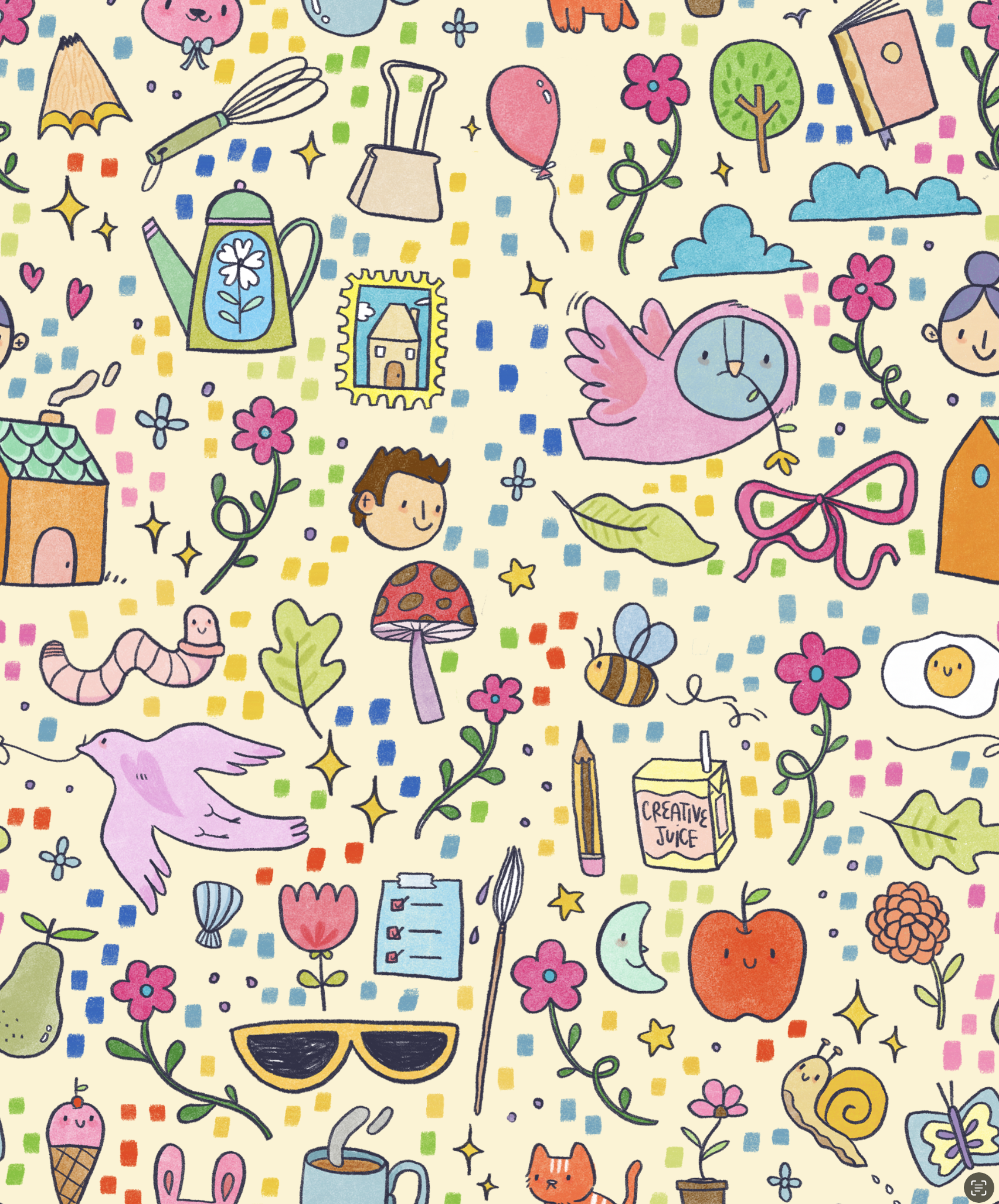 A colorful, hand-drawn pattern featuring various cheerful objects and characters including a pink bird, smiling apple, orange cat, cute flowers, a watering can with a daisy, sunglasses, a butterfly, a mushroom, a bee, a snail, a girl’s face, and smal