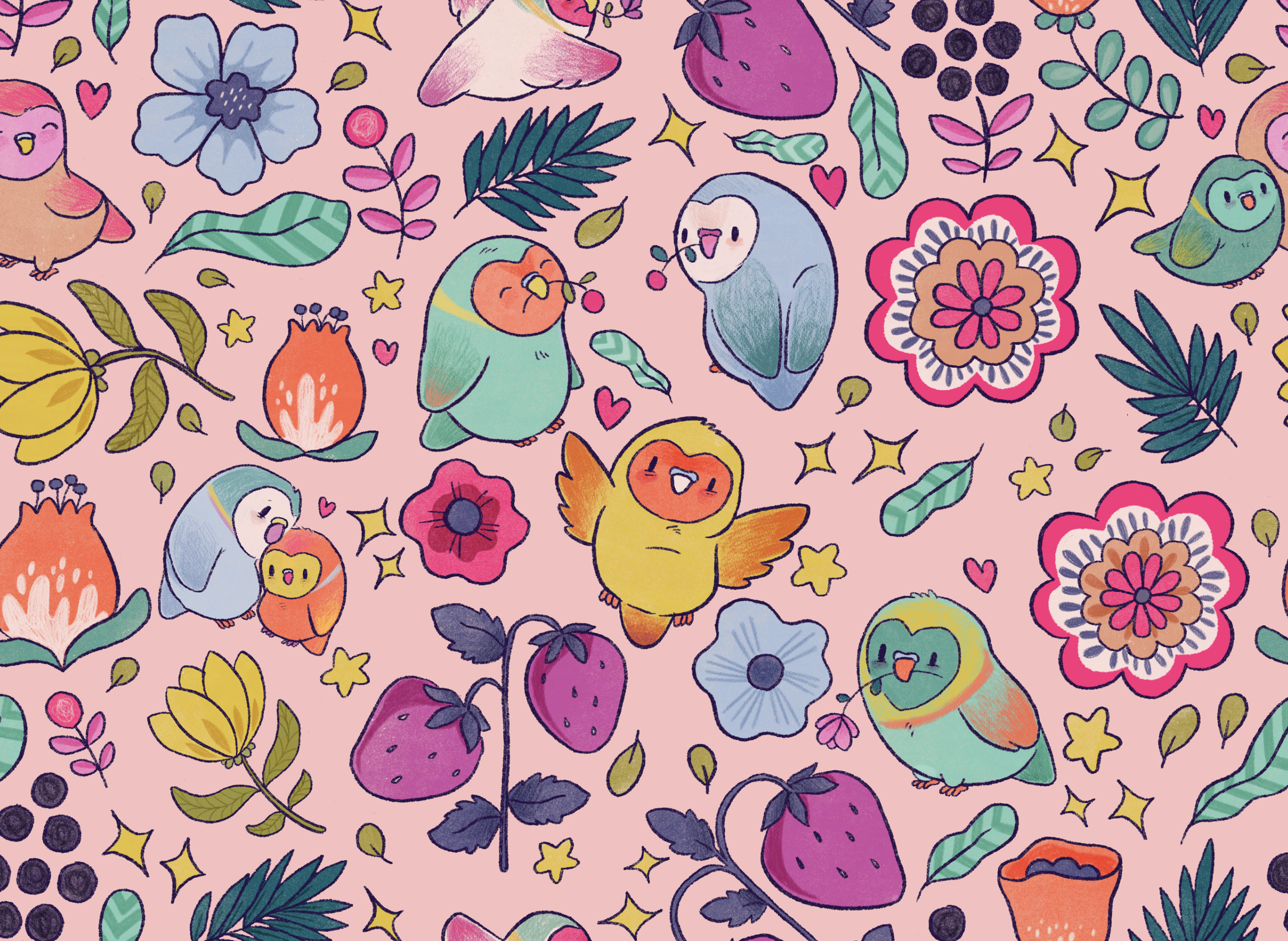 A colorful, illustrated pattern featuring cute birds, flowers, leaves, berries, stars, hearts, and abstract shapes set against a pink background.