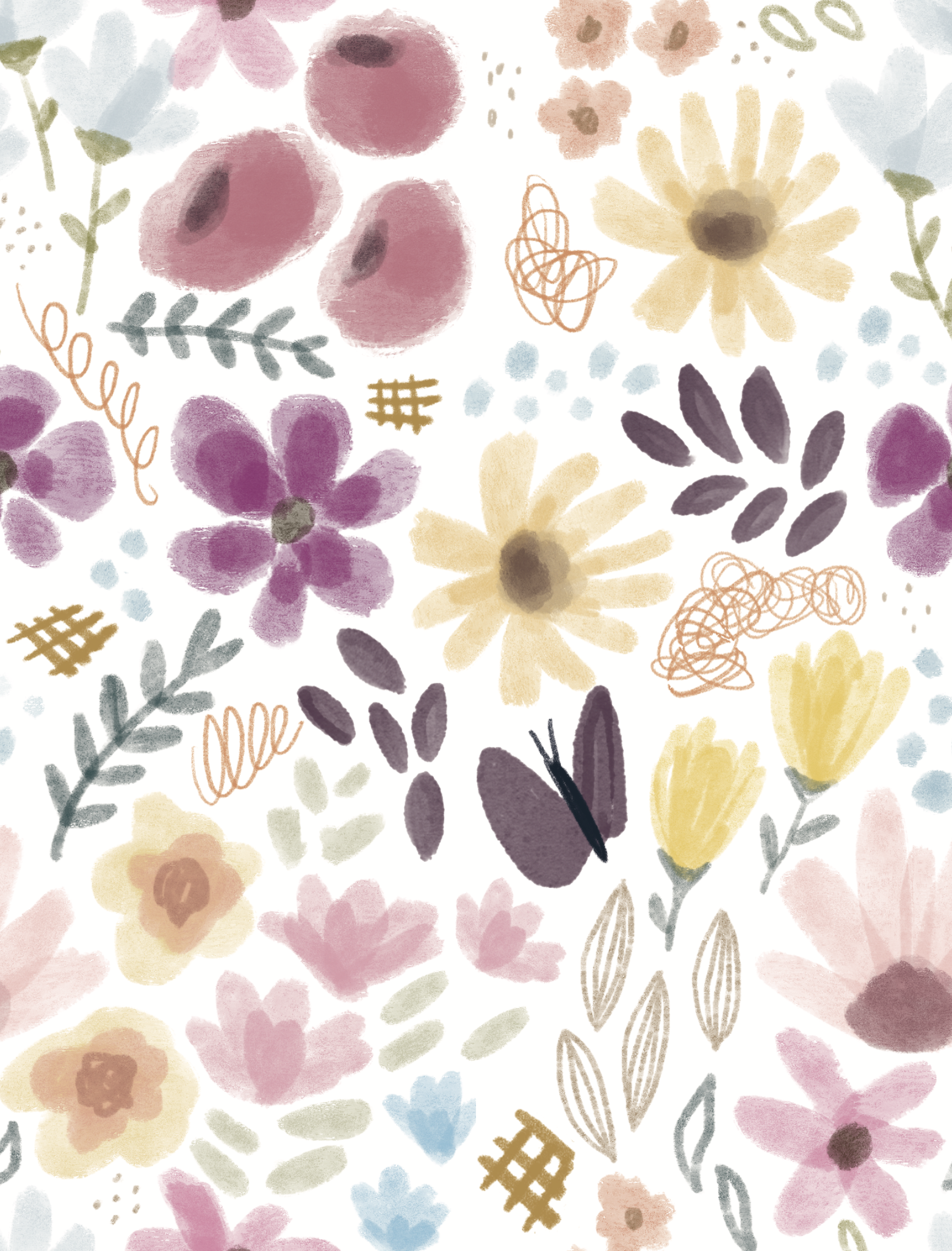 A seamless pattern of watercolor-style flowers and leaves in pastel colors, including pink, yellow, purple, blue, and green, with abstract doodle elements.