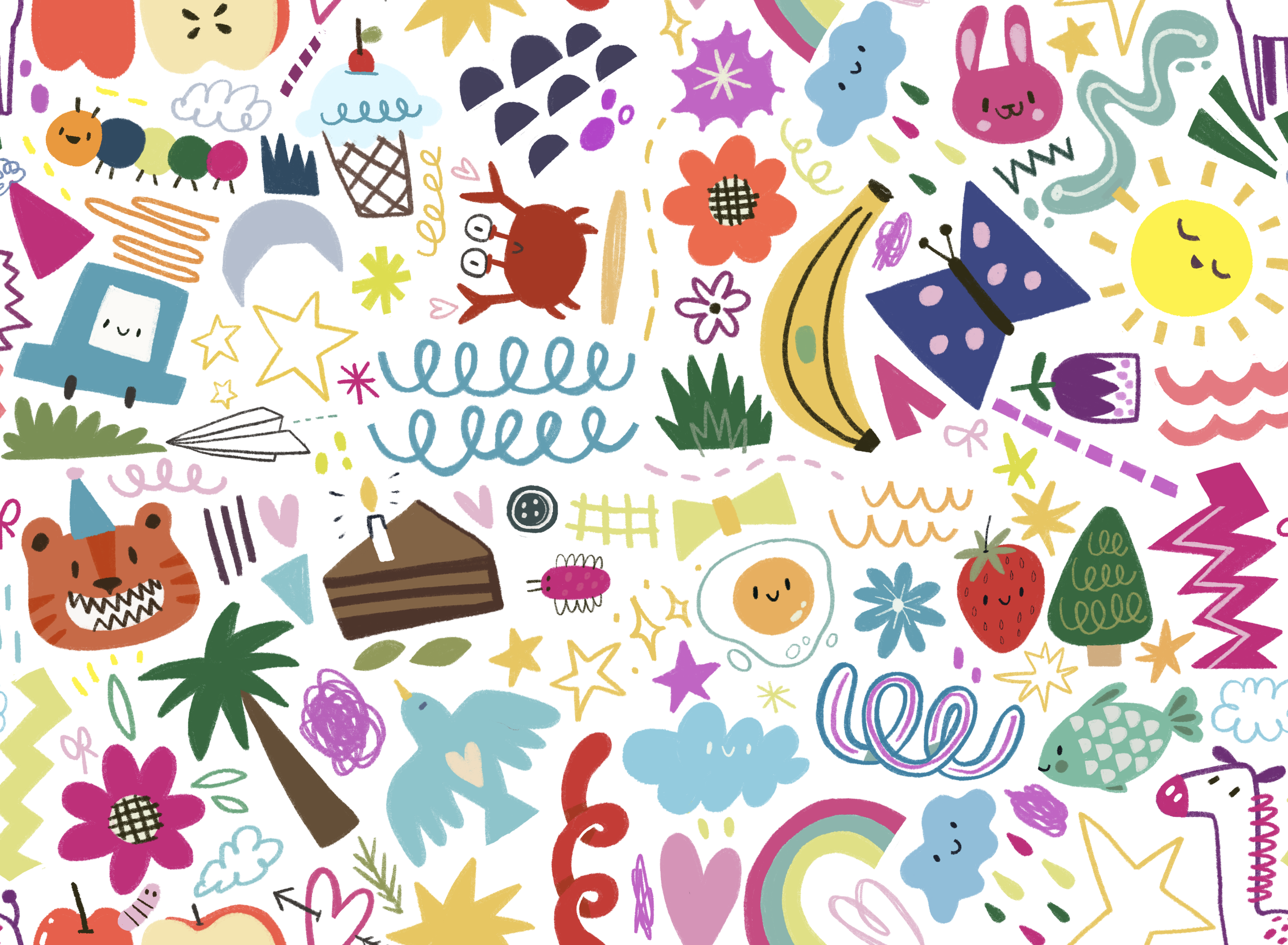 A colorful pattern of doodles featuring various playful and whimsical objects such as a smiling sun, happy clouds, strawberries, a tiger, a rainbow, flowers, stars, a butterfly, a snail, a cherry, a cupcake, a slice of cake, a banana, a ladybug, a wo