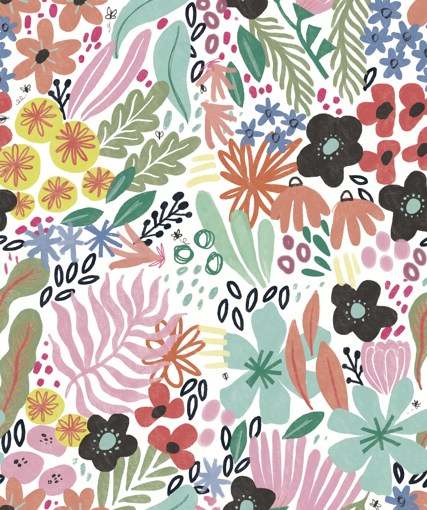 A colorful abstract floral pattern with various flowers, leaves, and small details in bright pink, yellow, black, blue, green, and orange, styled in a loose, artistic manner.