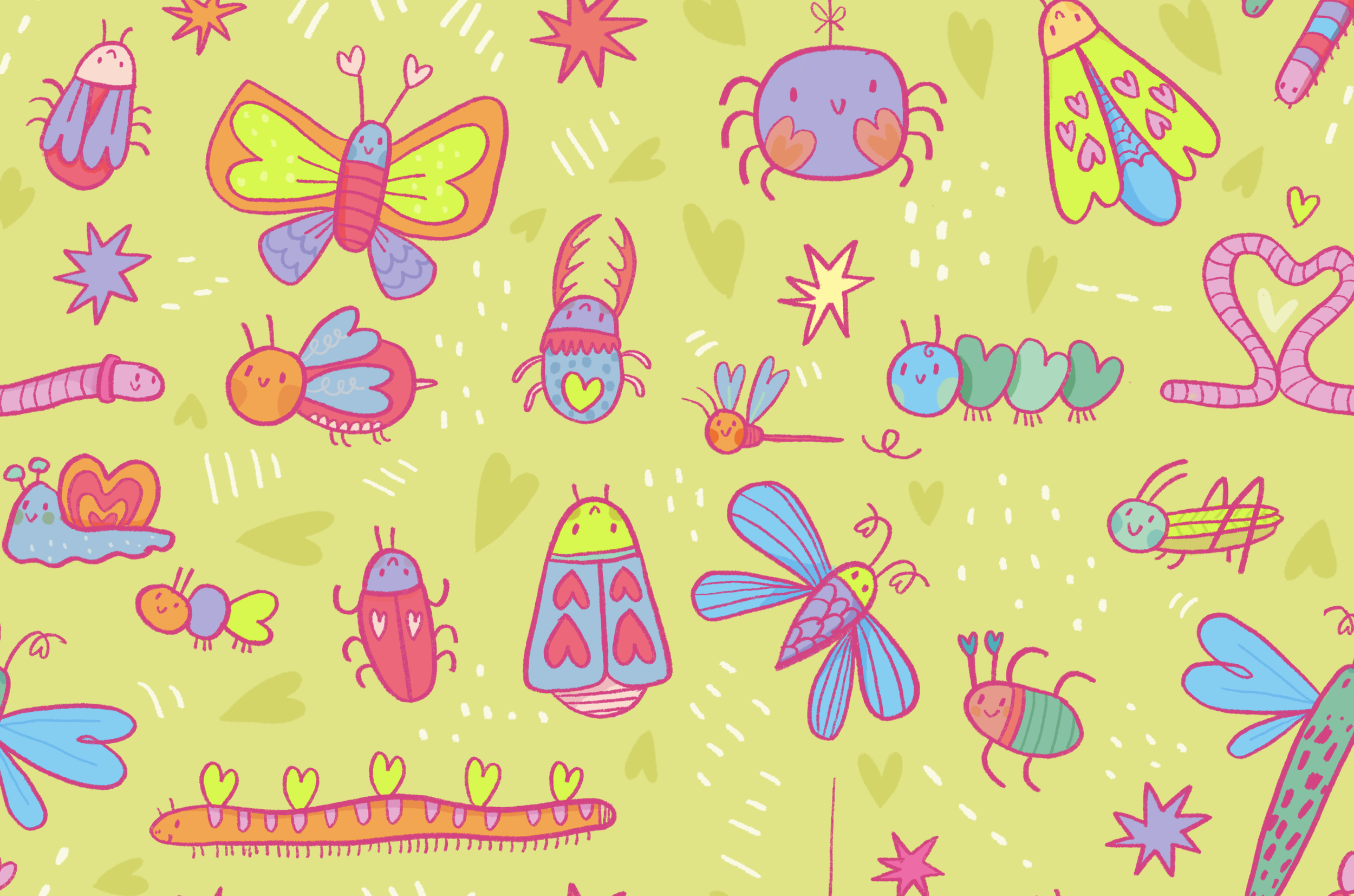 Pattern featuring colorful cartoon insects including butterflies, caterpillars, beetles, and worms on a light green background with scattered hearts, stars, and dashed lines.