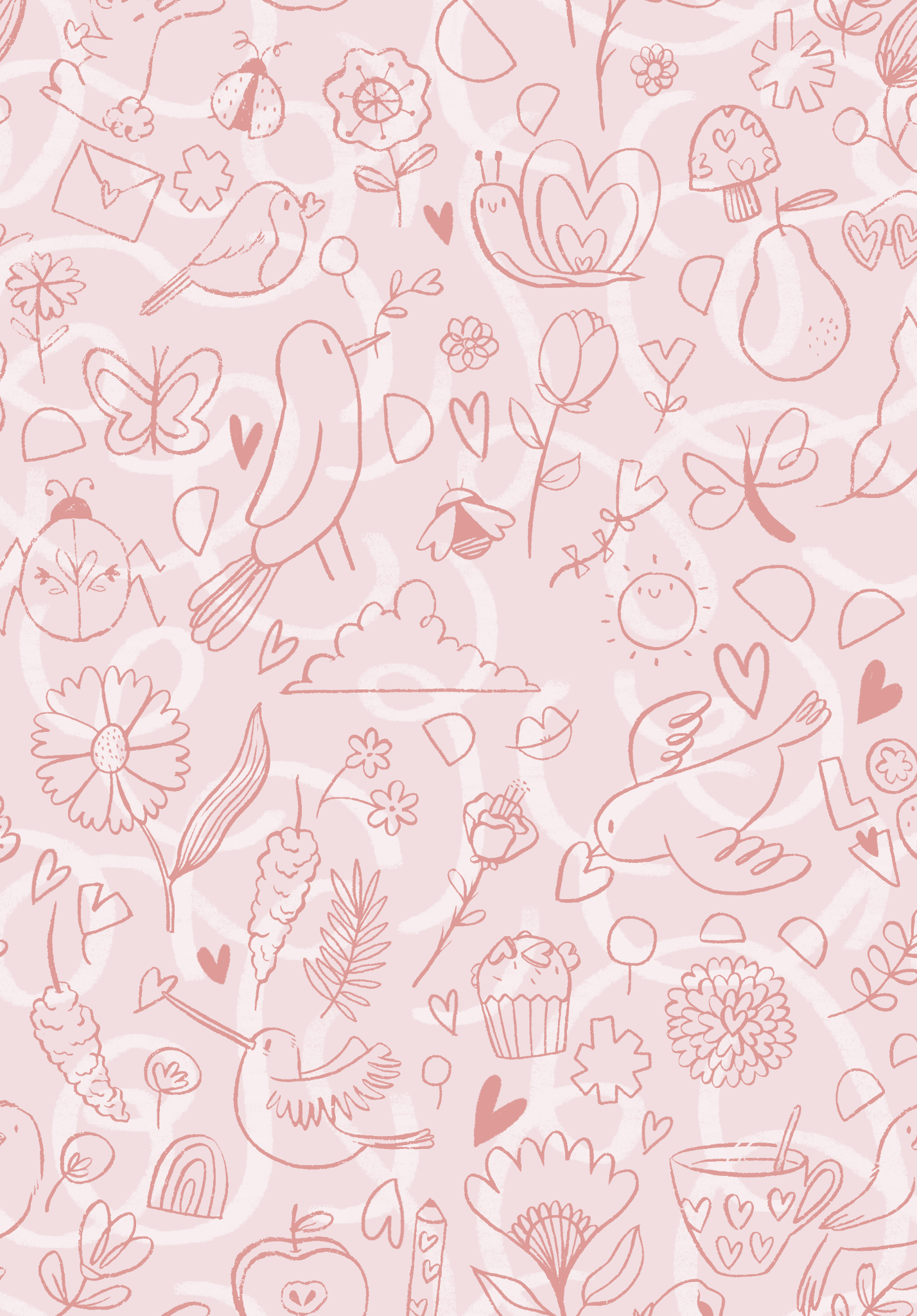 A pink background with various hand-drawn doodles in darker pink, including flowers, hearts, birds, a bear, a rainbow, a cupcake, a coffee mug, a fruit, and whimsical elements.