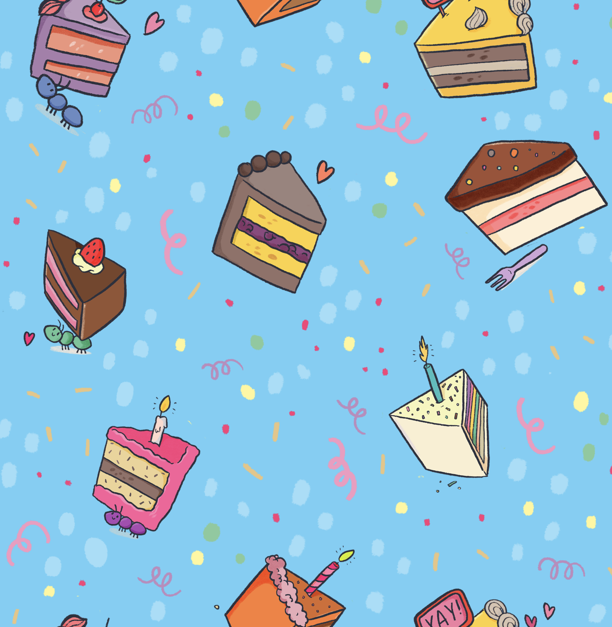 Festive pattern with colorful animated cakes, slices, cupcakes, and treats on a blue background, along with confetti, hearts, and party candles.