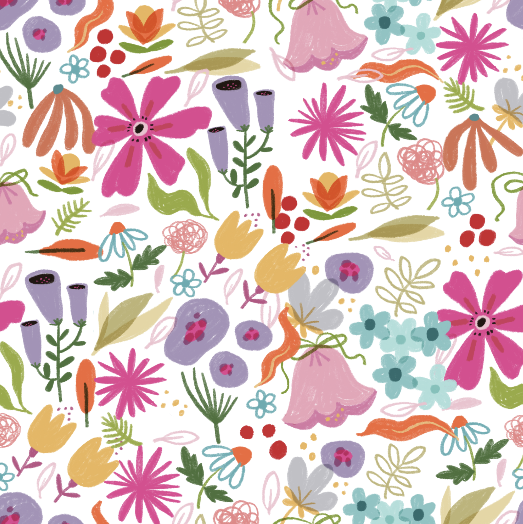 A colorful pattern of hand-drawn flowers and leaves in pink, purple, orange, yellow, green, and blue, distributed evenly on a white background.