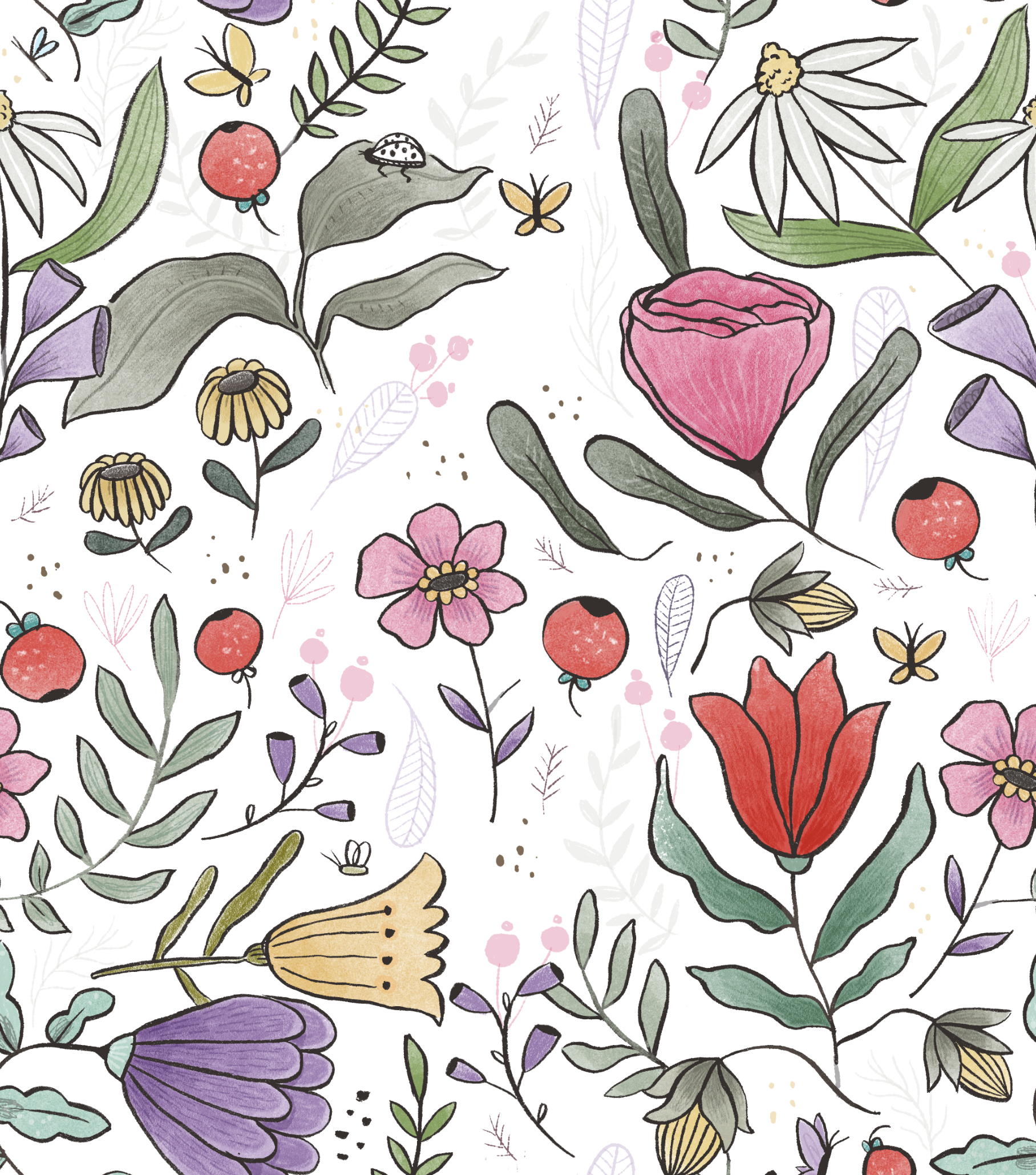 A colorful floral pattern with various flowers, leaves, butterflies, ladybugs, and bees, arranged in a whimsical, hand-drawn style.
