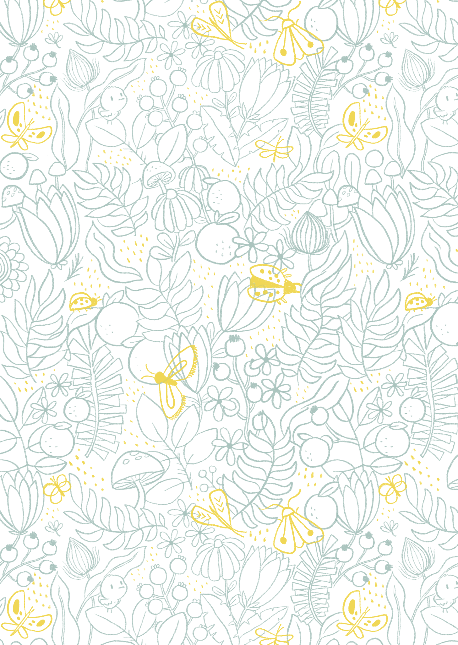 A repeating pattern featuring outlined drawings of various insects, plants, and berries in blue and yellow colors.