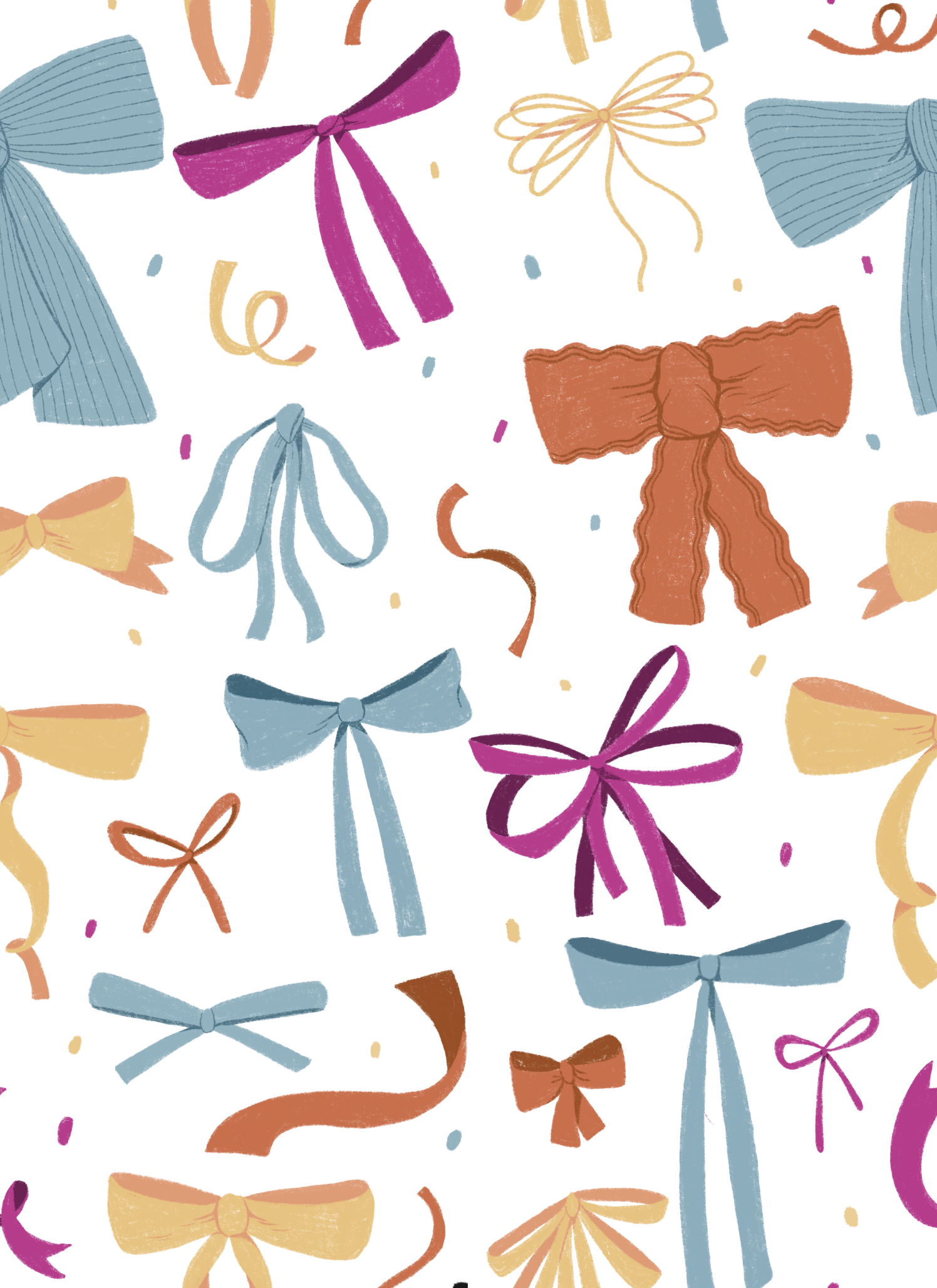 Pattern with various colorful bows and ribbons on a white background.