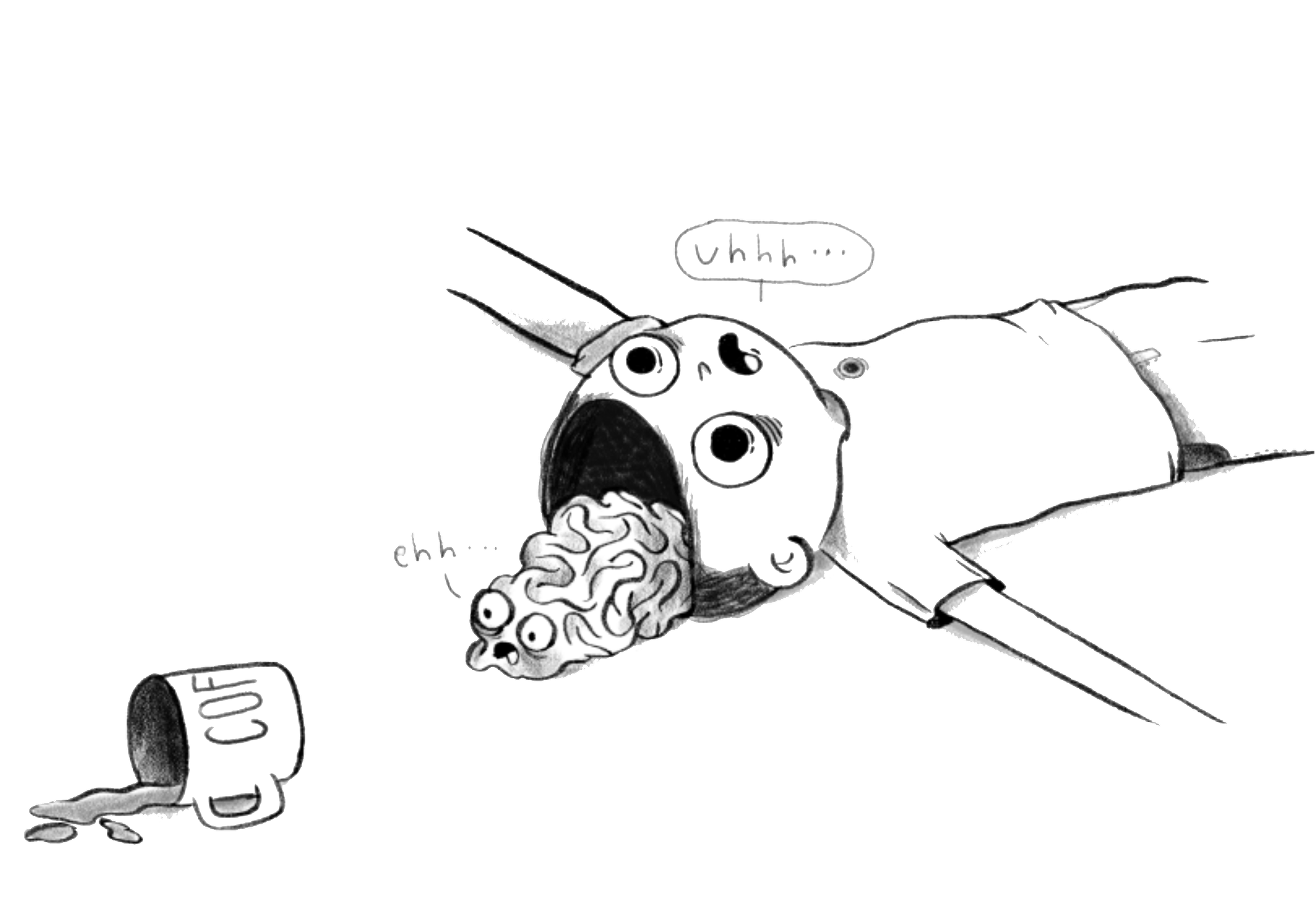 Black and white cartoon illustration of a creature with a human brain, large eyes, and an open mouth, holding a bottle labeled 'COFFEE' and speaking the word 'Uh...'