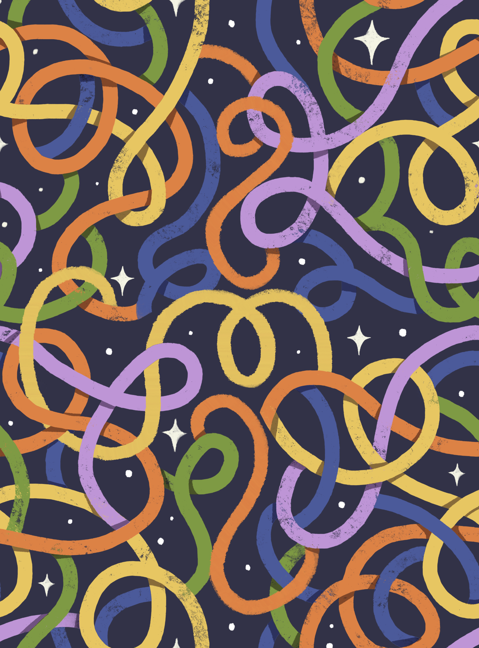 Colorful intertwined loops on a dark background with small white stars and dots scattered throughout.