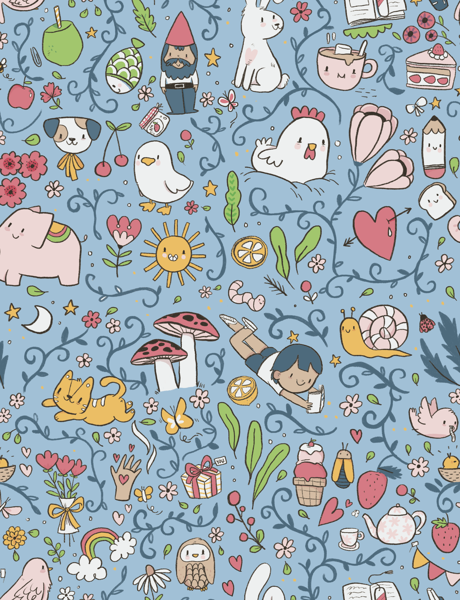 The image is a colorful, cartoon-style pattern on a blue background featuring various whimsical characters and objects. It includes kids reading, animals like a cat, dog, chicken, owl, and bunny, as well as flowers, hearts, rainbows, a sun, mushrooms