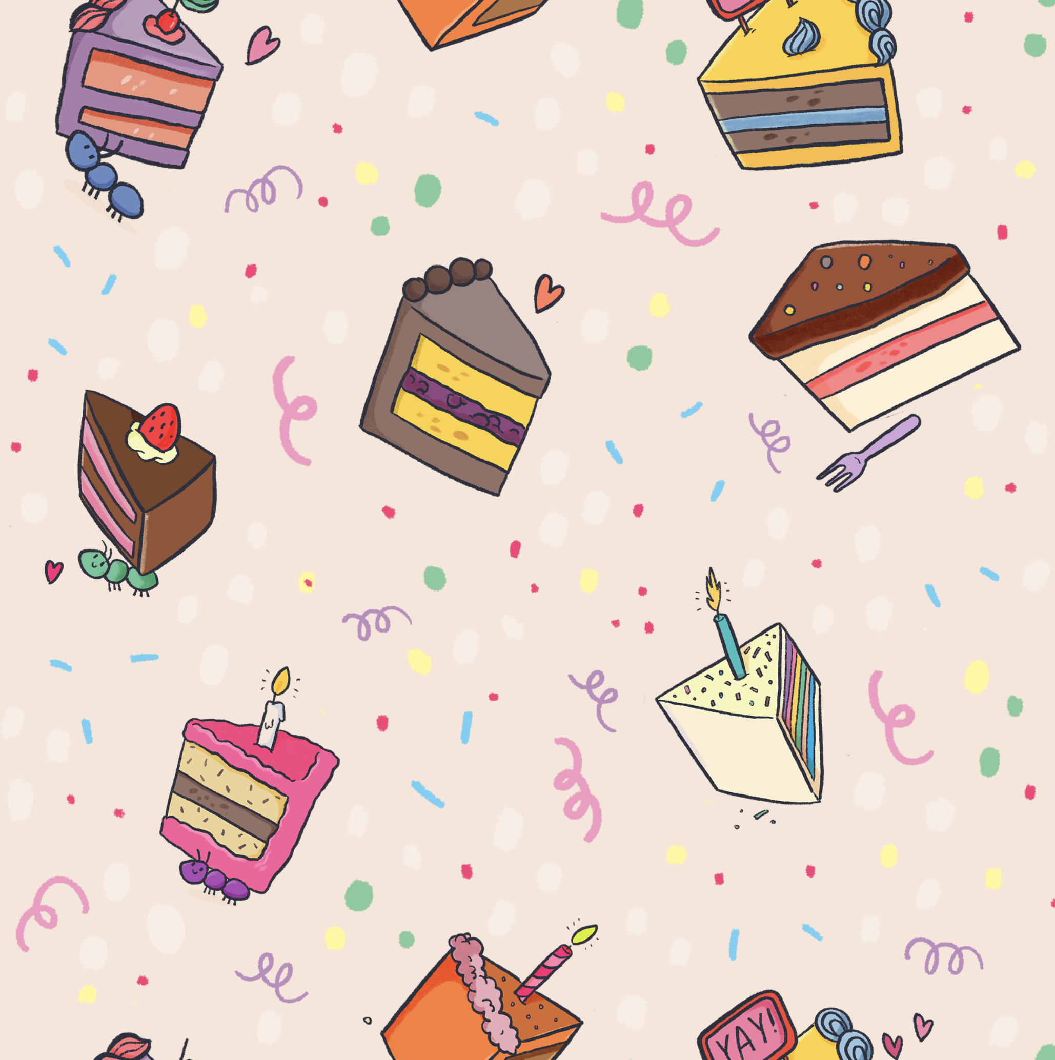 Colorful illustration of various cake slices with different decorations, scattered confetti, and small hearts and hearts with faces, on a light pink background.