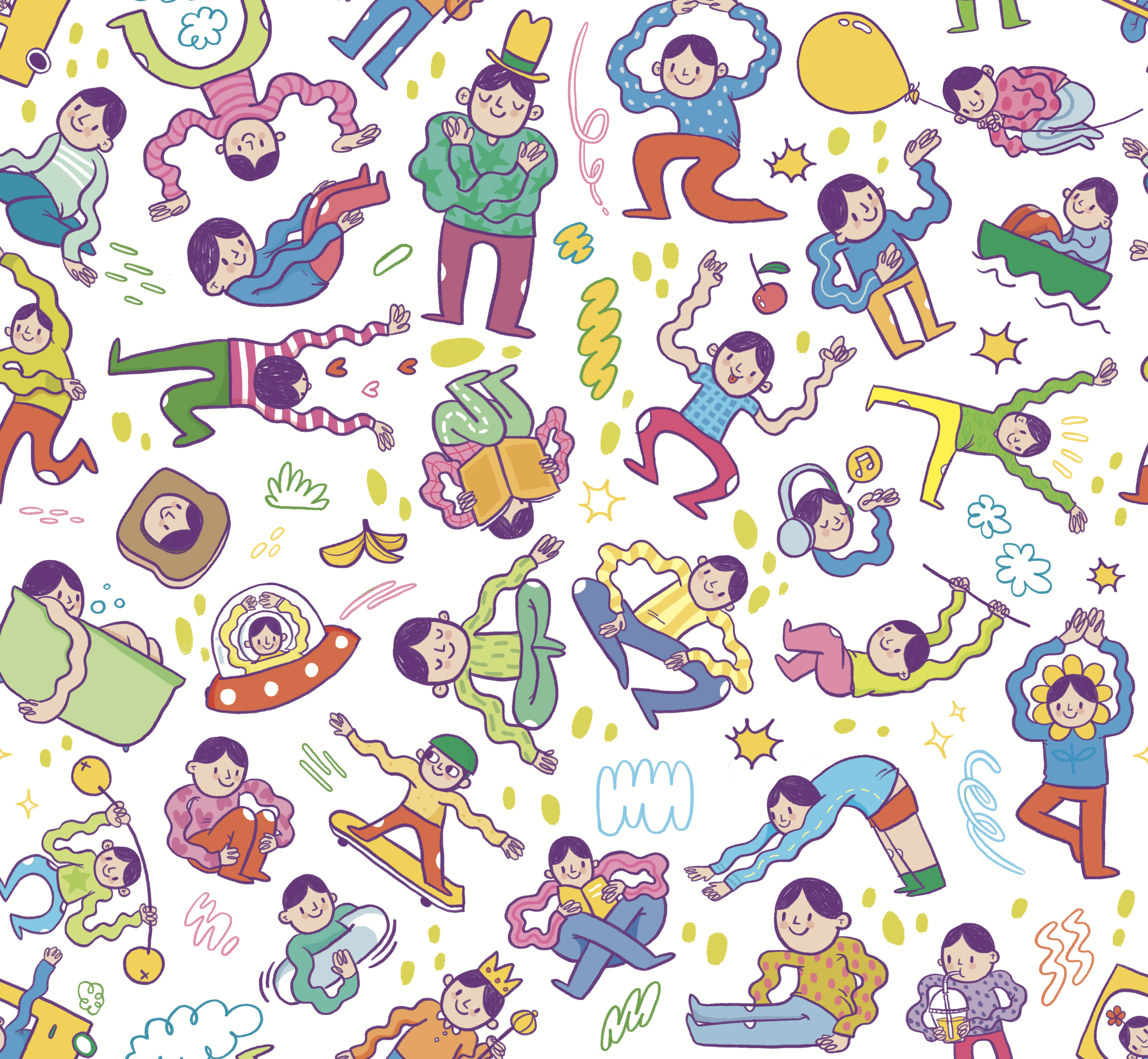 Colorful cartoon illustration of children engaging in various playful activities such as floating with balloons, reading, drawing, and riding skateboards, on a white background.