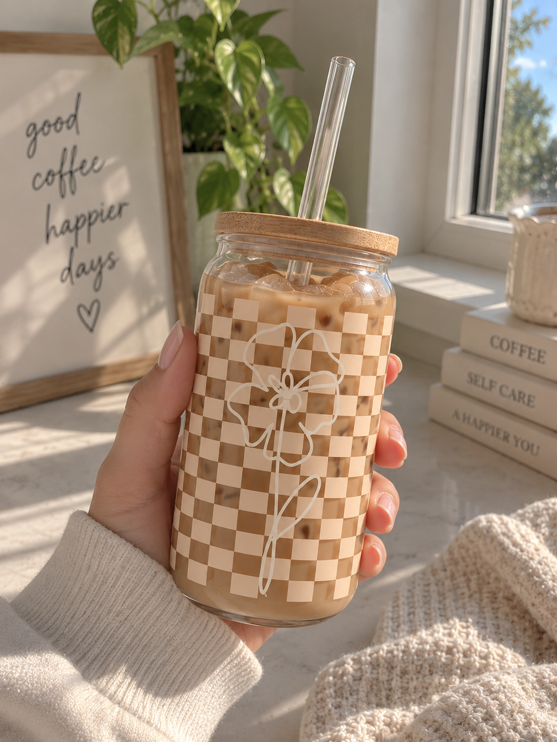Checkered Coffee Glass Tumbler