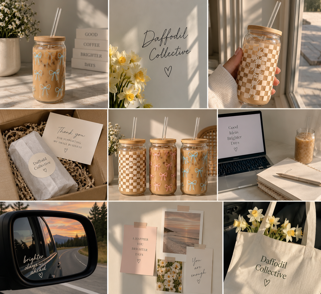 Collage of images featuring iced coffee in jars with pastel bows, daffodil flowers, thank you note, business branding, a laptop, a mirror view of a sunset, and decorative daisies and notes with uplifting messages.