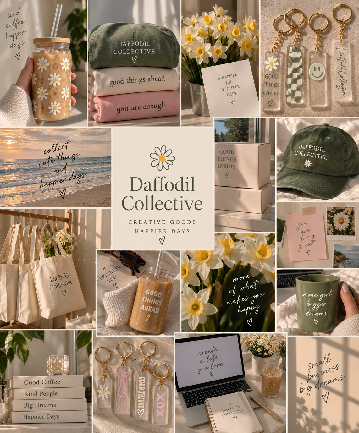 Collage of inspirational and aesthetic items including a jar of iced coffee with daisies, folded clothes with motivational messages, a bouquet of daffodils with a note, keychains with positive words, a sunset on the beach with an inspirational quote, tote bags with branding, additional iced coffee with a message, daisy flowers with a quote, a motivational note, greeting cards, stationery, a laptop with a message, a green mug with a quote, books with positive words, daisy keychains, a candle, decorative quote blocks, and framed notes, all emphasizing positivity, happiness, and creativity.