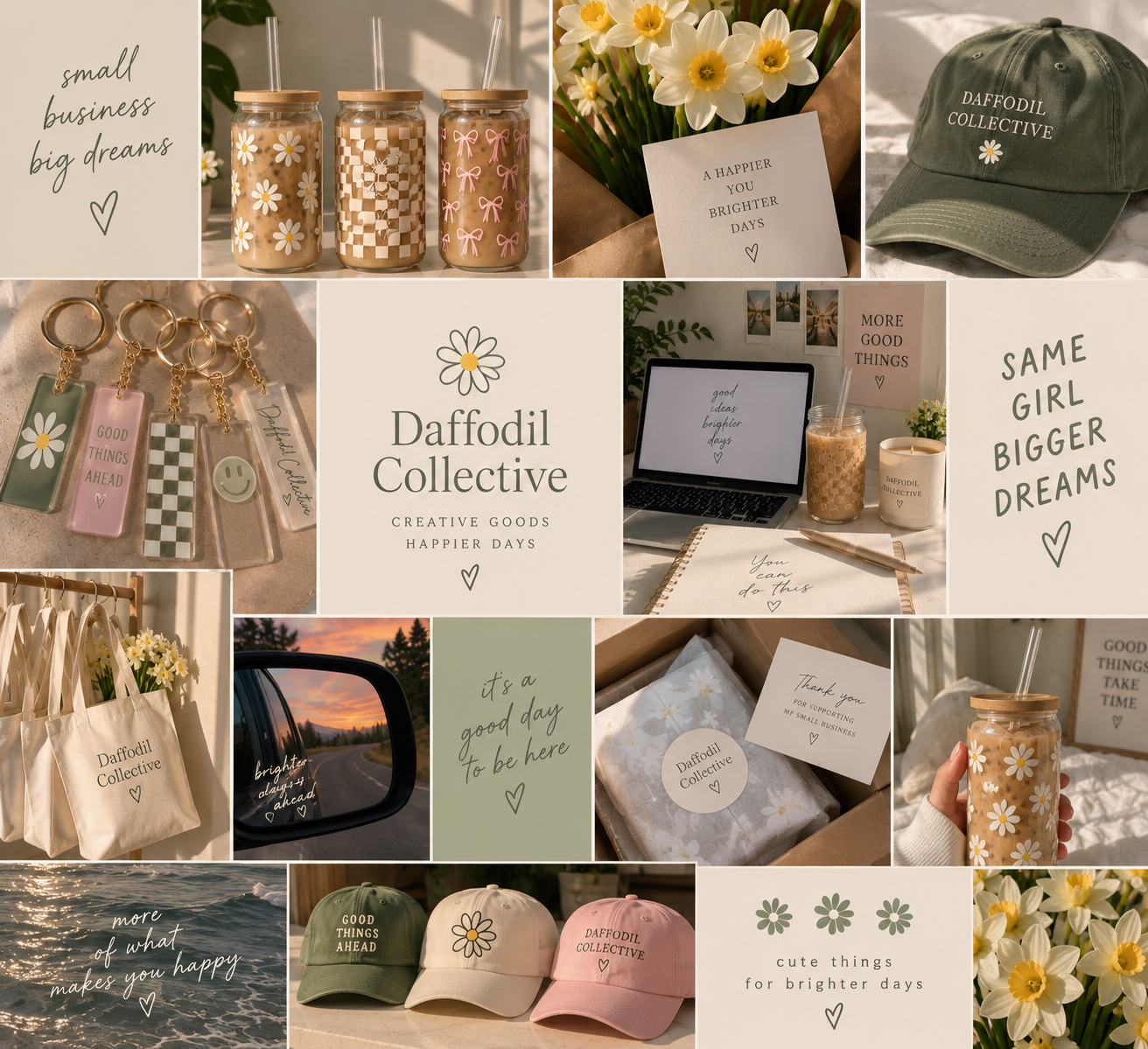 Collage of images featuring small business goods and inspiring messages from Daffodil Collective, including candles, flowers, caps, keychains, tote bags, a laptop with a planner, and quotes about happiness and dreams, all in a cohesive pastel and neutral color scheme.