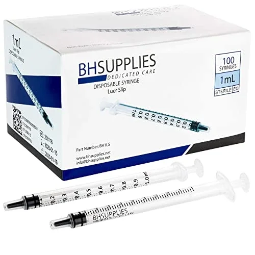 1ml Syringe Sterile with Luer Slip Tip - 100 Syringes by BH Supplies (No Needle) Individually Sealed