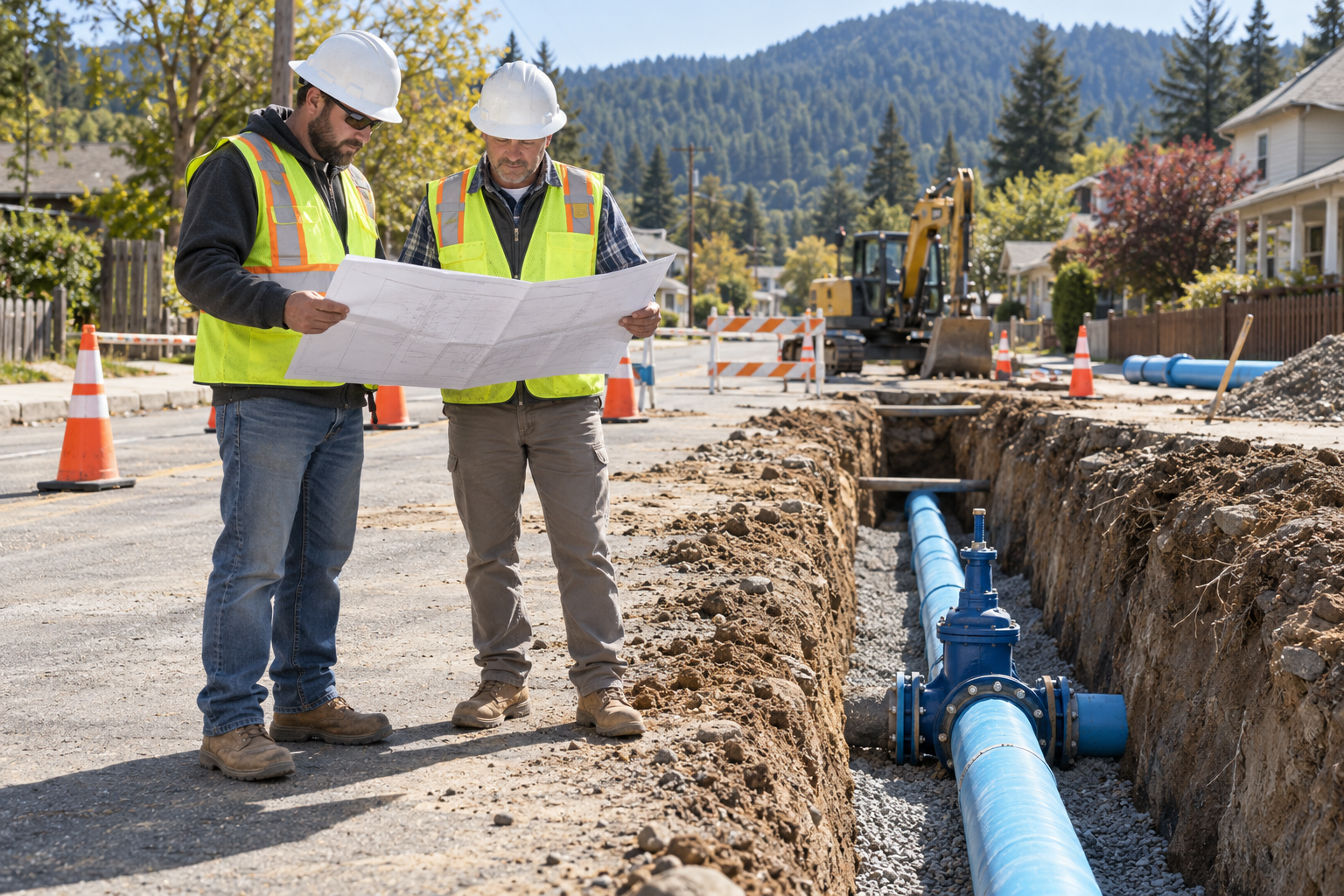 Illustrative scene of two utility professionals sharing plans beside a trench with blue C900 water main and a gate valve