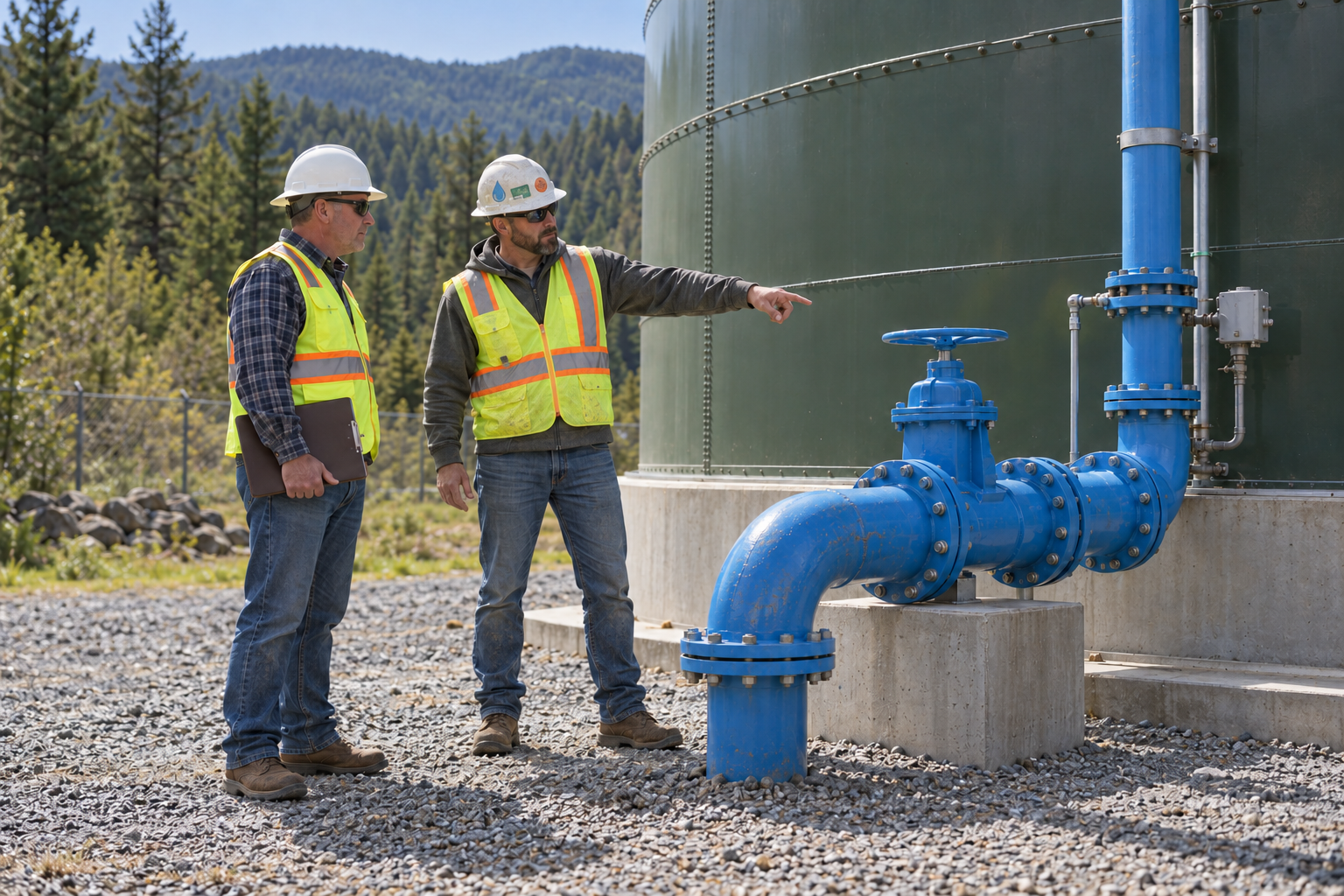 Illustrative scene of utility professionals at a water tank, with one man pointing and wearing a hard hat with utility stickers