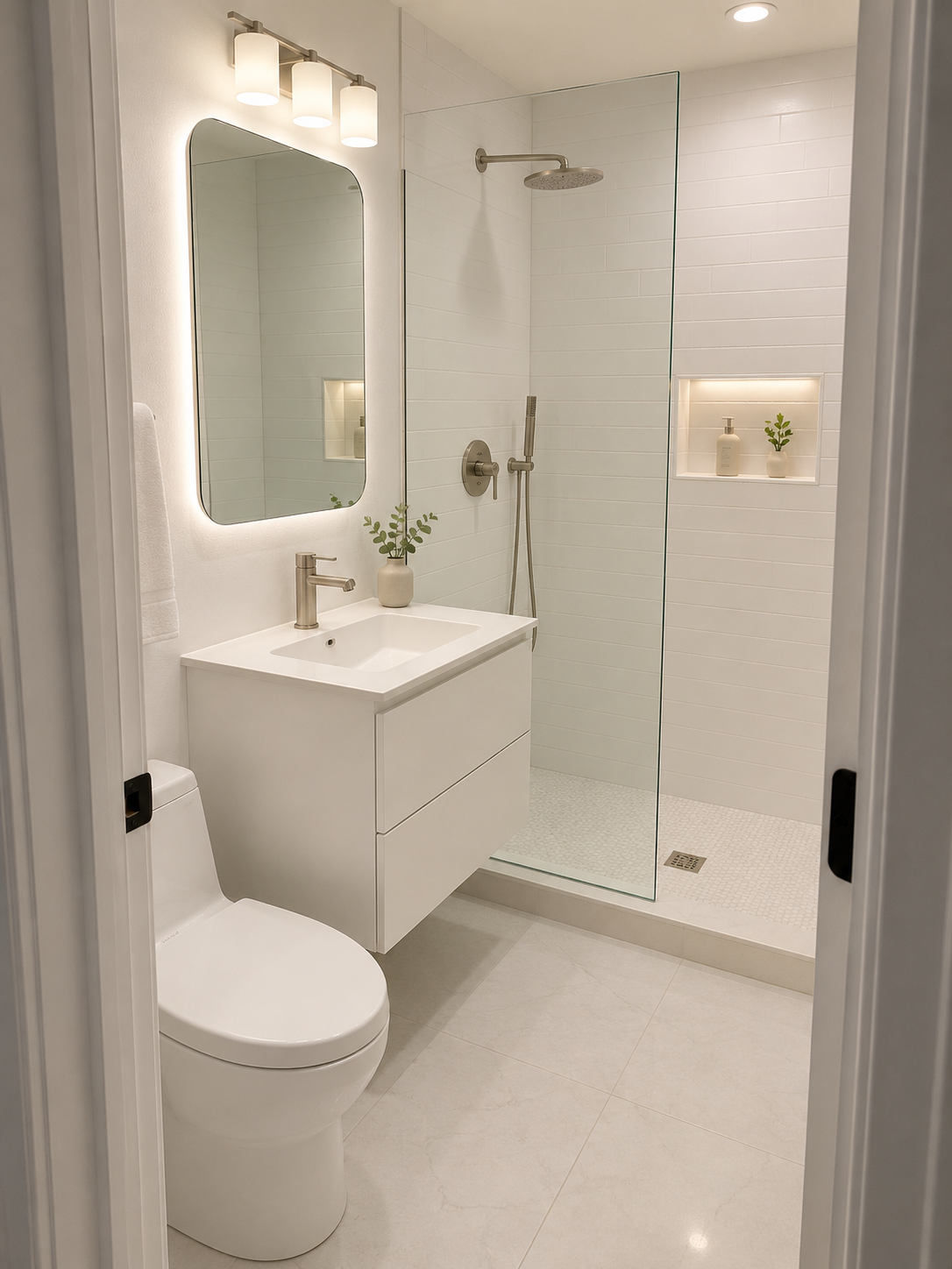 Modern bathroom with white walls, a walk-in shower with a glass enclosure, a white vanity with a sink, a large mirror with lights, a toilet, and decorative plants.