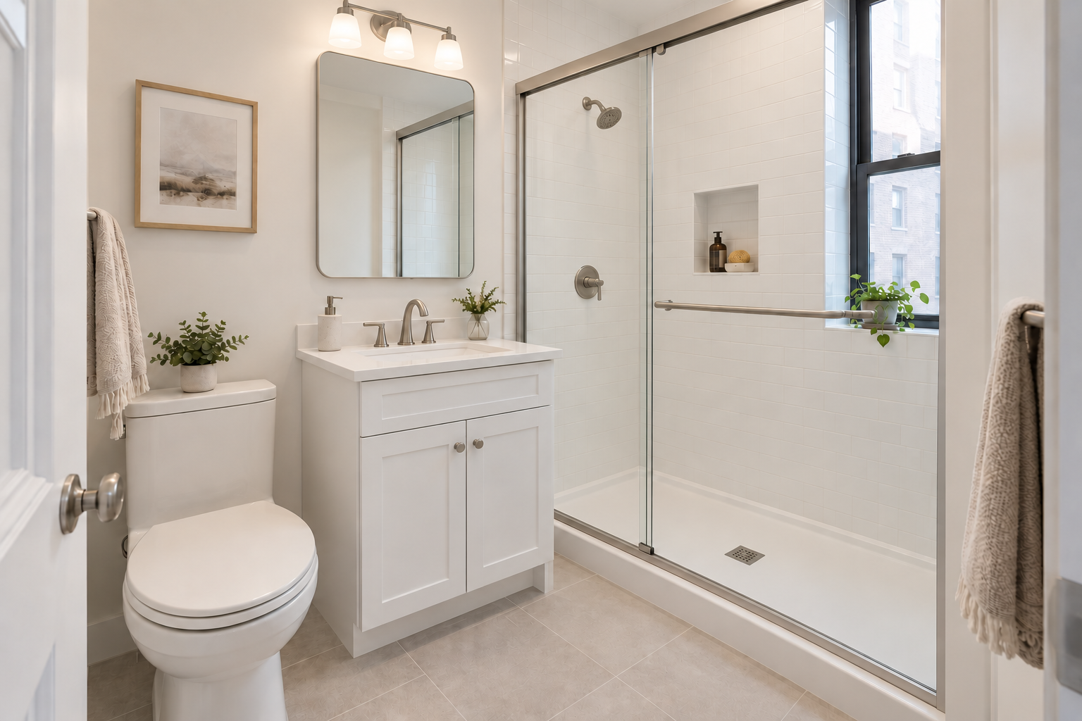 A clean, modern bathroom with a white toilet, a white vanity with a mirror, a shower with glass doors, and a window with a plant on the sill. The walls and tiles are white and beige, with minimal decor.