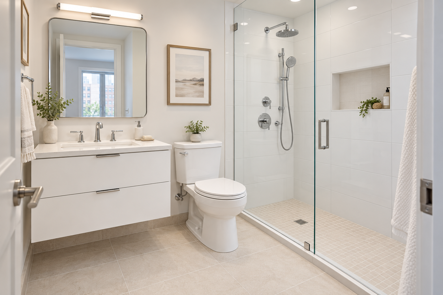 Modern bathroom with a white vanity, large mirror, framed artwork, potted plant, toilet, and a walk-in glass shower with a built-in shelf and shower fixtures.