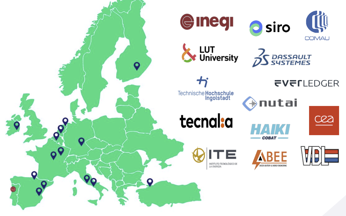 Map of Europe with blue location markers and logos of various technology and engineering universities and companies.