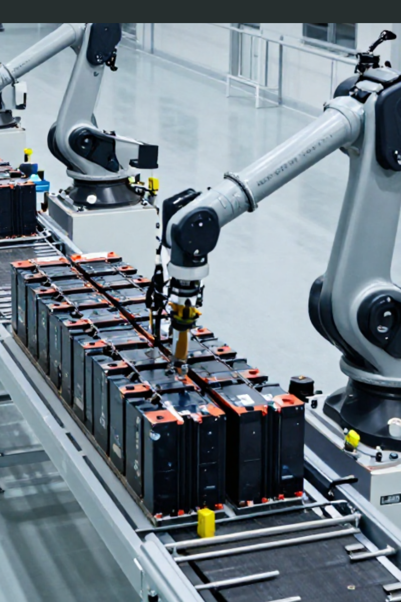 Two robotic arms assembling or handling a large number of battery cells in a factory setting.