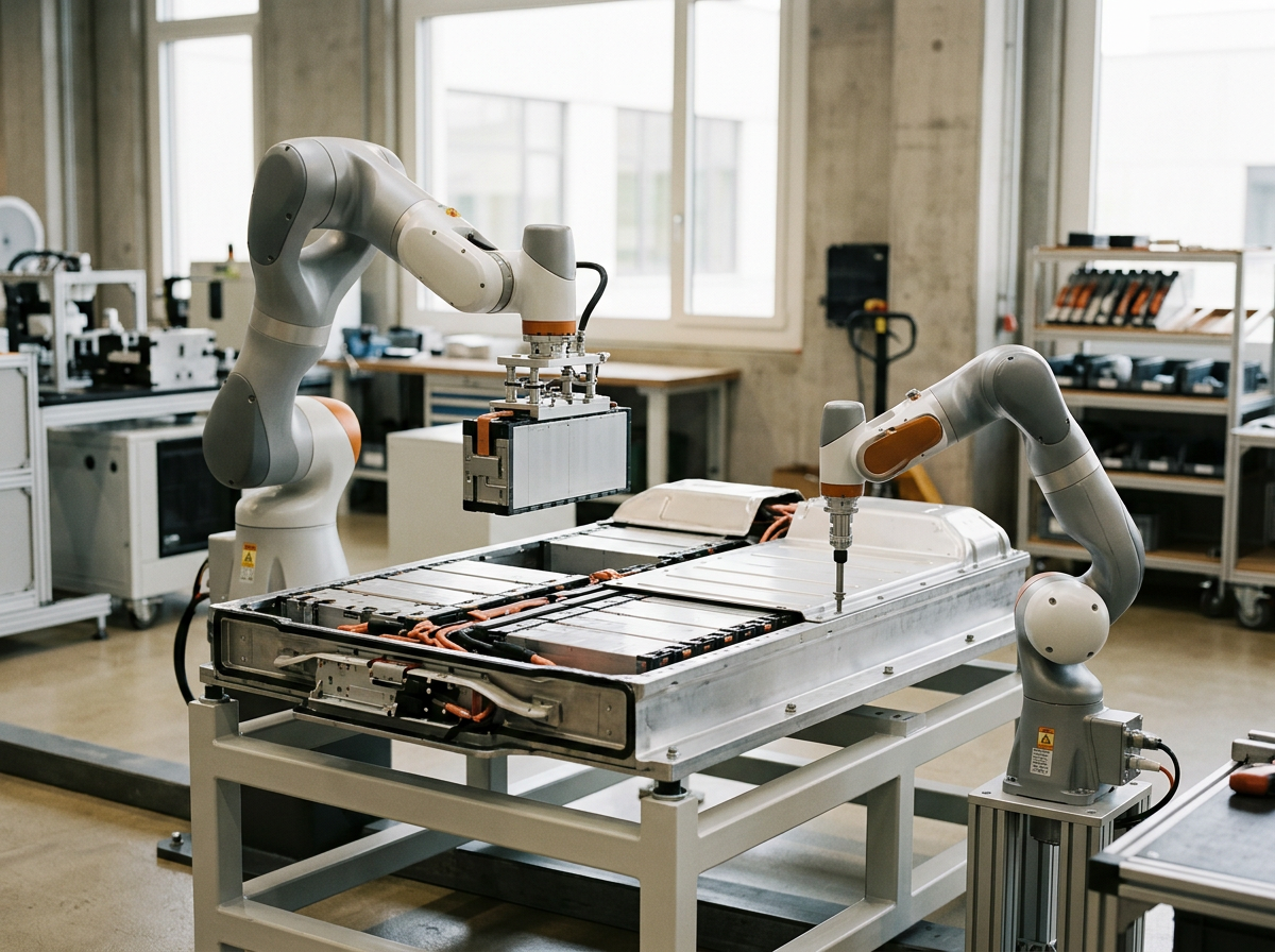 Two robotic arms working together on a battery in a laboratory or workshop setting.