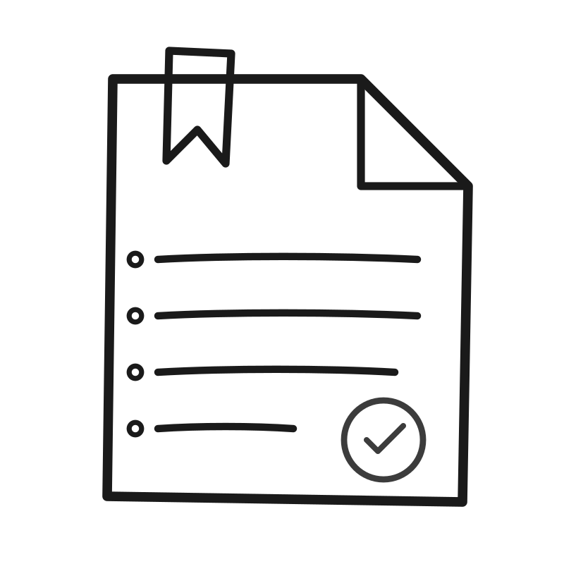Outline drawing of a checklist or report document with a bookmark tab at the top and a checkmark at the bottom.