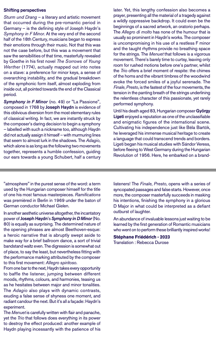 Page from a printed or digital article discussing classical music, focusing on Haydn's Symphony in F Minor, and Hungarian composer György Ligeti.