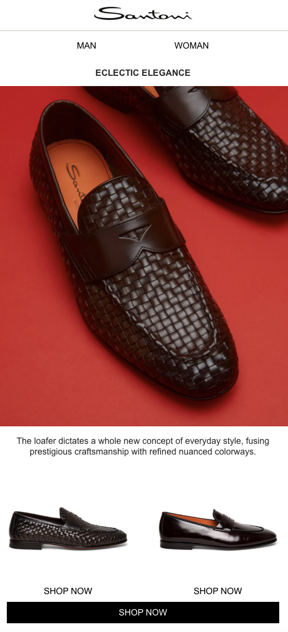 A product advertisement for Santoni men's loafers. The image shows a close-up of dark brown woven leather loafers on a red background, with side views of the shoes below. The text highlights craftsmanship, style, and an invitation to shop.