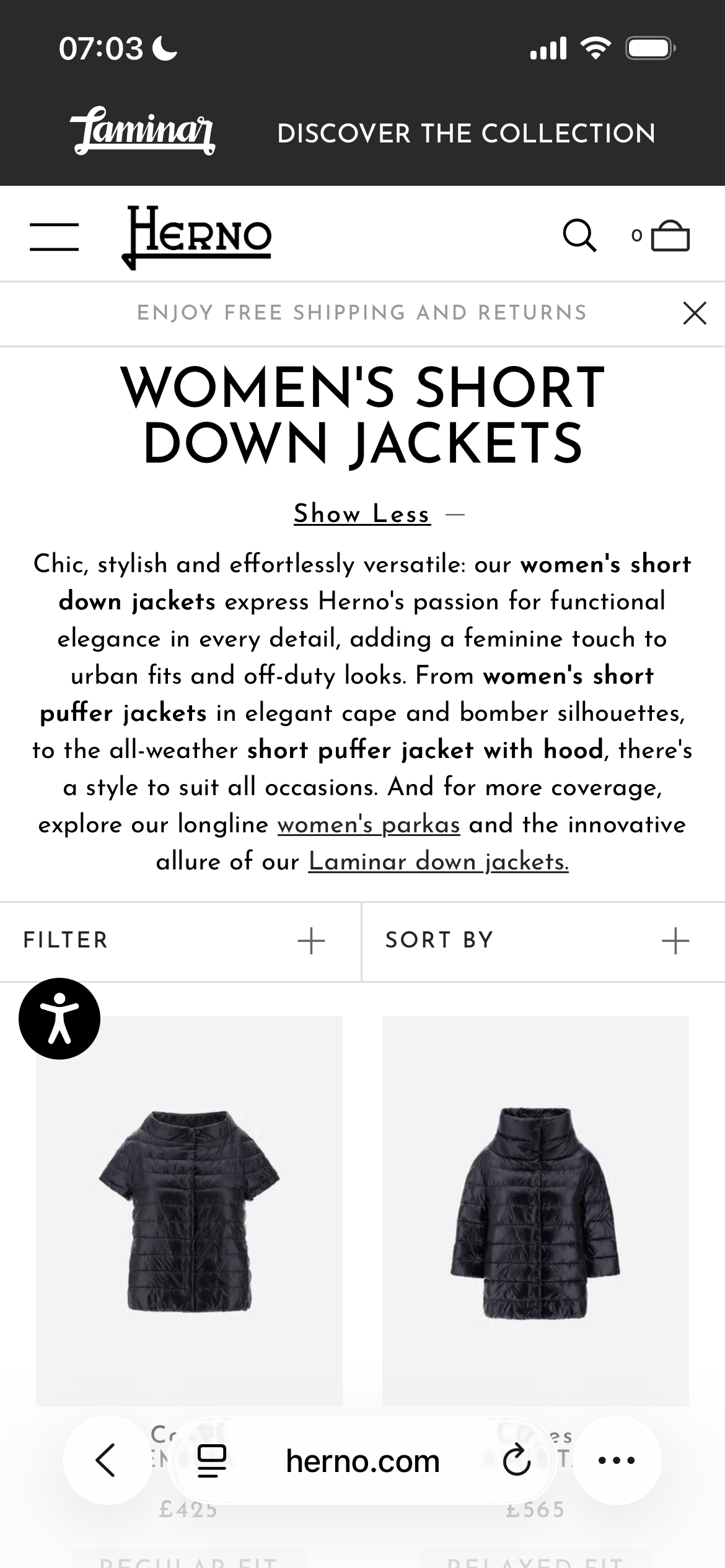 Screenshot of a mobile shopping website featuring women's short down jackets, with images of dark-colored puffed jackets.