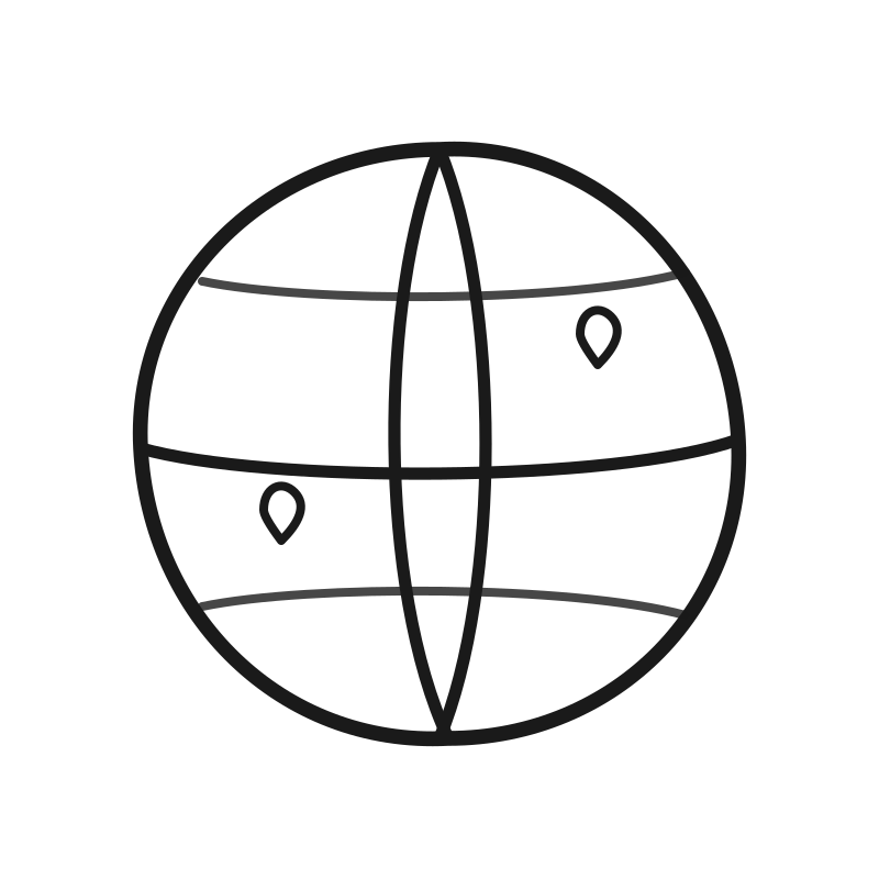 Line drawing of a globe with latitude and longitude lines and two location markers.