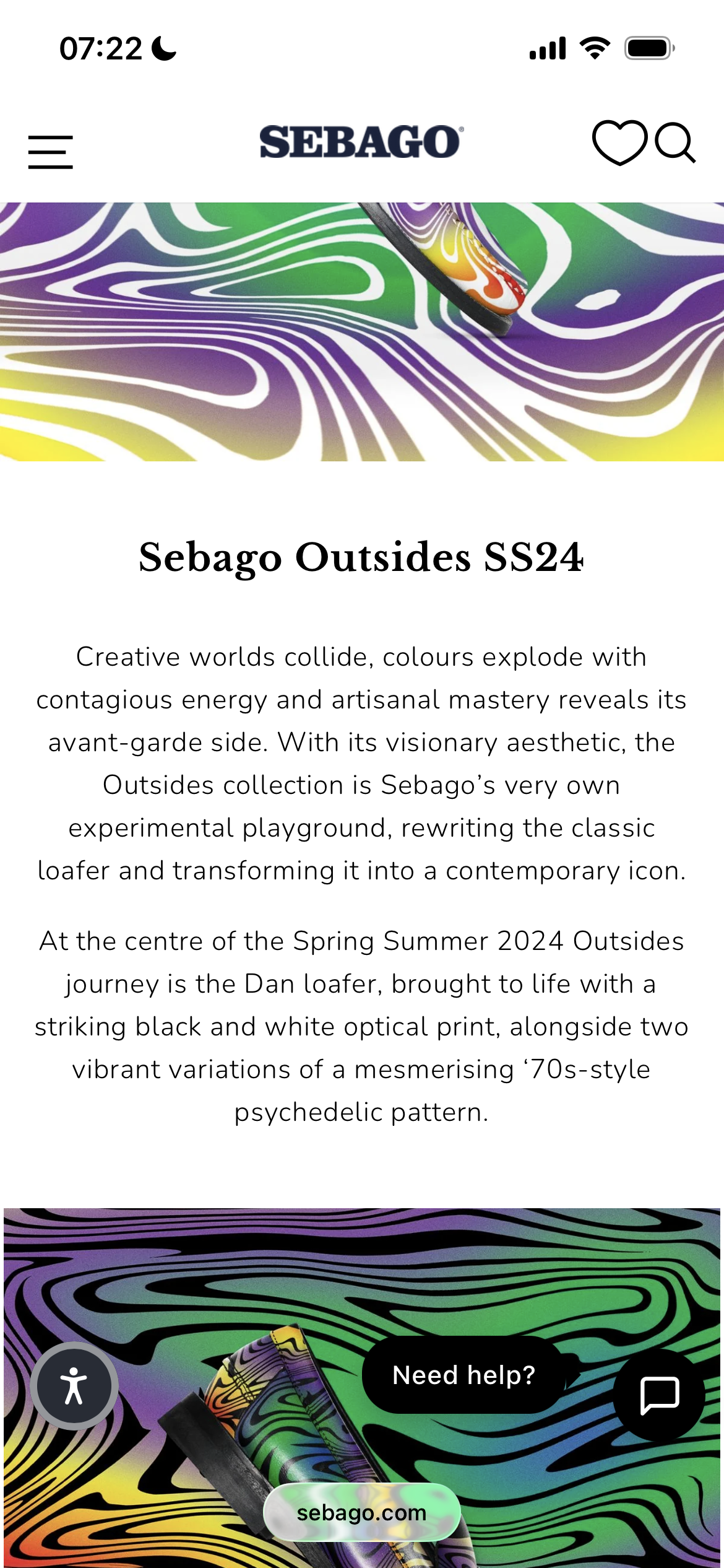 A mobile webpage displaying Sebago's Spring Summer 2024 Outerides collection with colorful abstract patterns and a black and white optical print loafer, titled 'Dan loafer.'