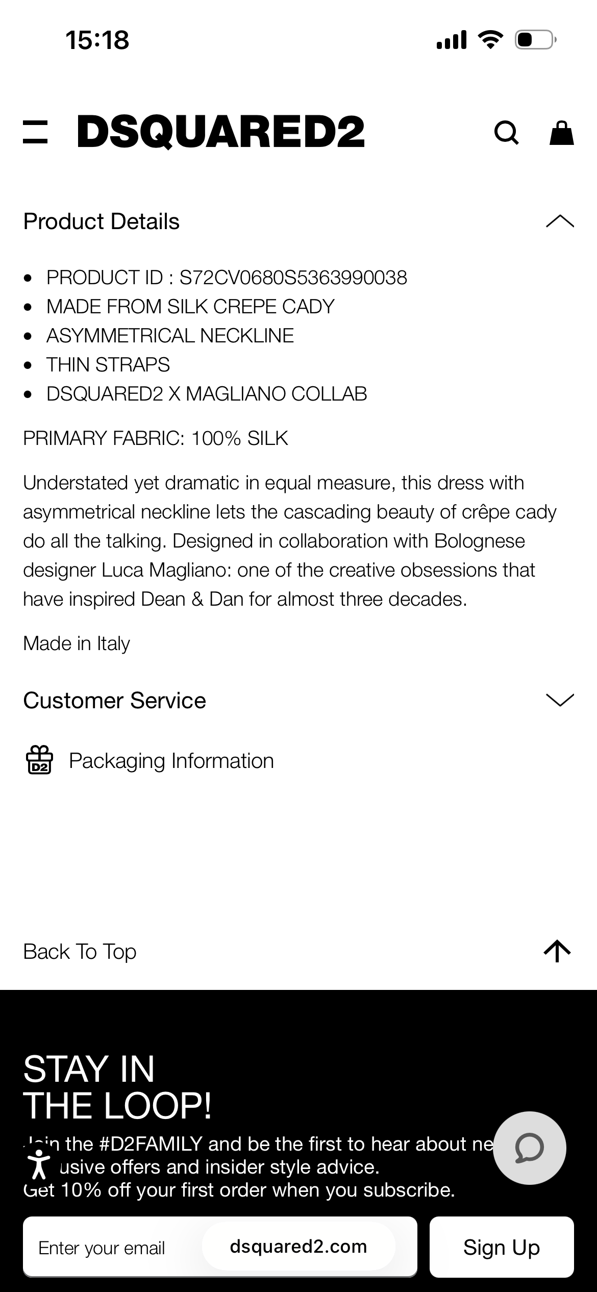 Screenshot of a mobile app page for DSQUARED2, showing product details for a silk crepe young, asymmetric neckline dress made in Italy, and a section for customer service and packaging information.