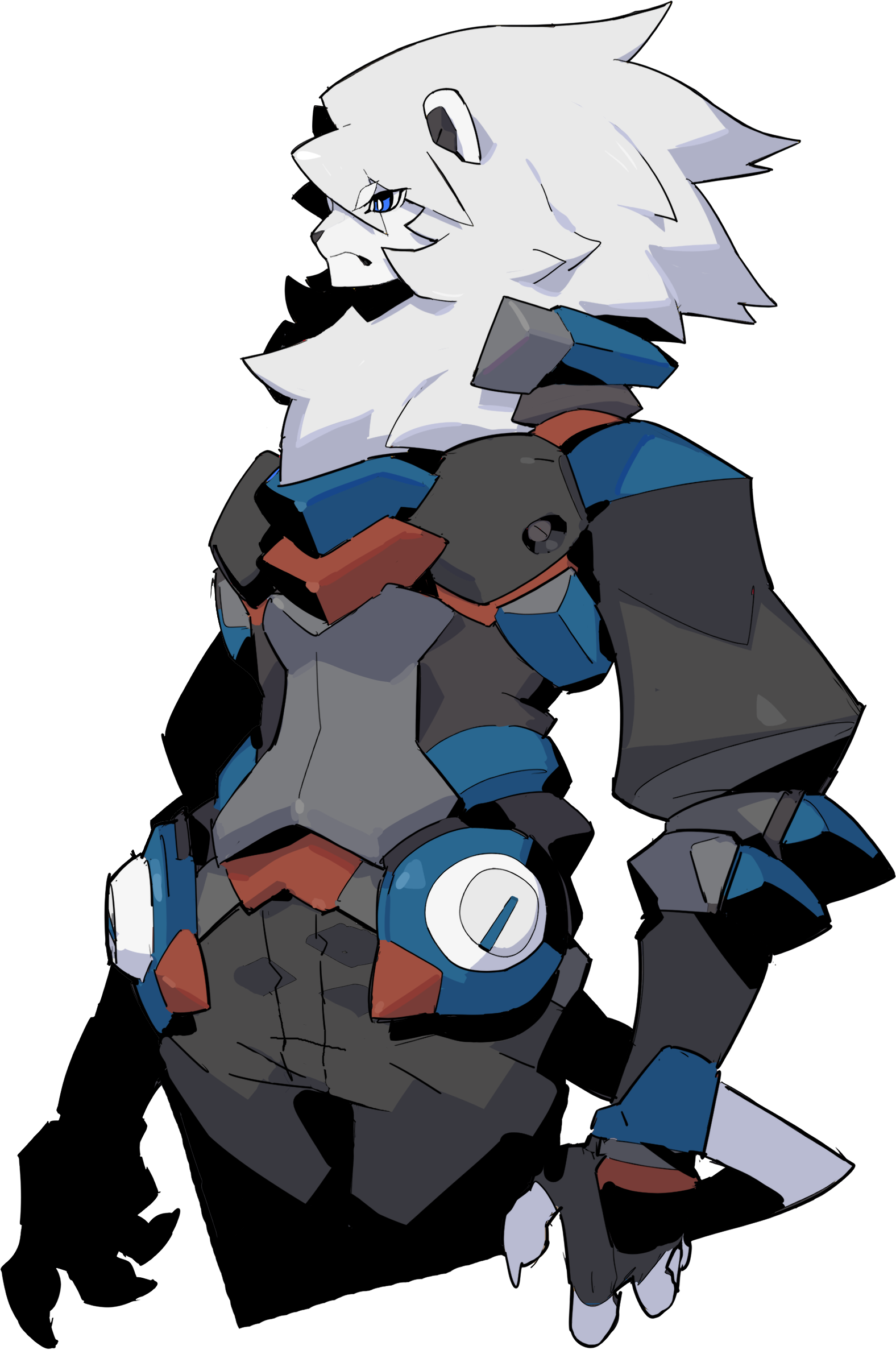 A stylized digital drawing of a white lion with blue eyes wearing armor with various mechanical and futuristic design elements, against a black background.