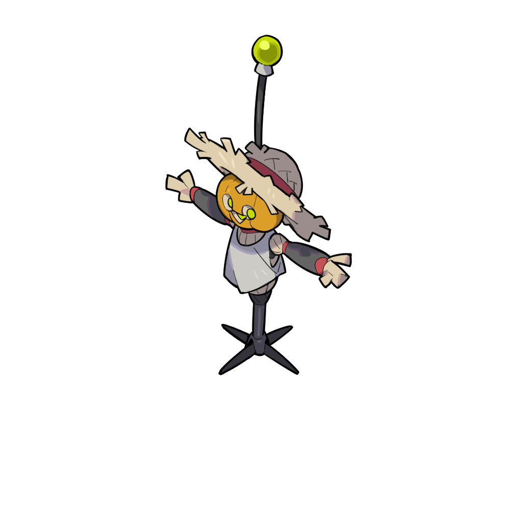Animated character with a pumpkin head, wearing a hat and gray clothes, hanging upside down from a microphone stand.