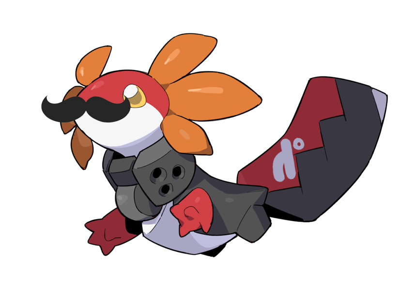 An illustrated anthropomorphic fish character with orange fins, a red head, and a white body, dressed in a dark gray coat and hat, with a large axe in its tail, comic style.