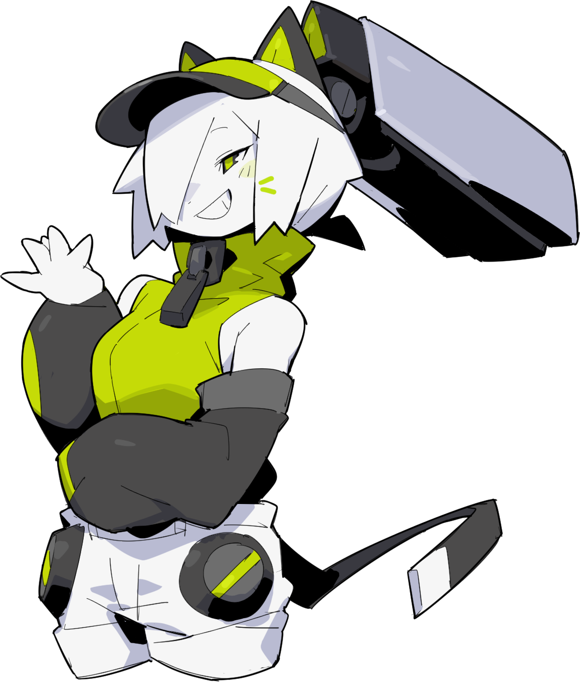 A cartoon cat character with white fur and black and green clothing, smiling and winking with a gun on her chest, standing against a black background.
