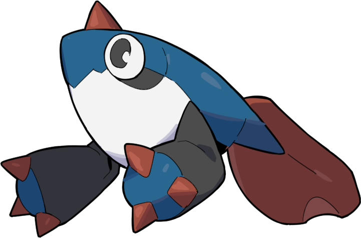 A cartoon creature resembling a fish or aquatic animal with large eyes, dark gray arms and fins, a blue body, and a brown tail and fin.