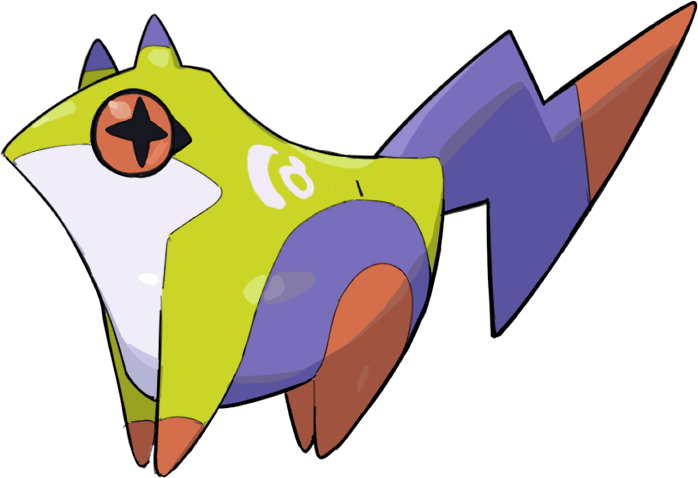 A cartoon fox with bright colors, orange tail tip, and large orange eyes with black pupils, set against a black background.