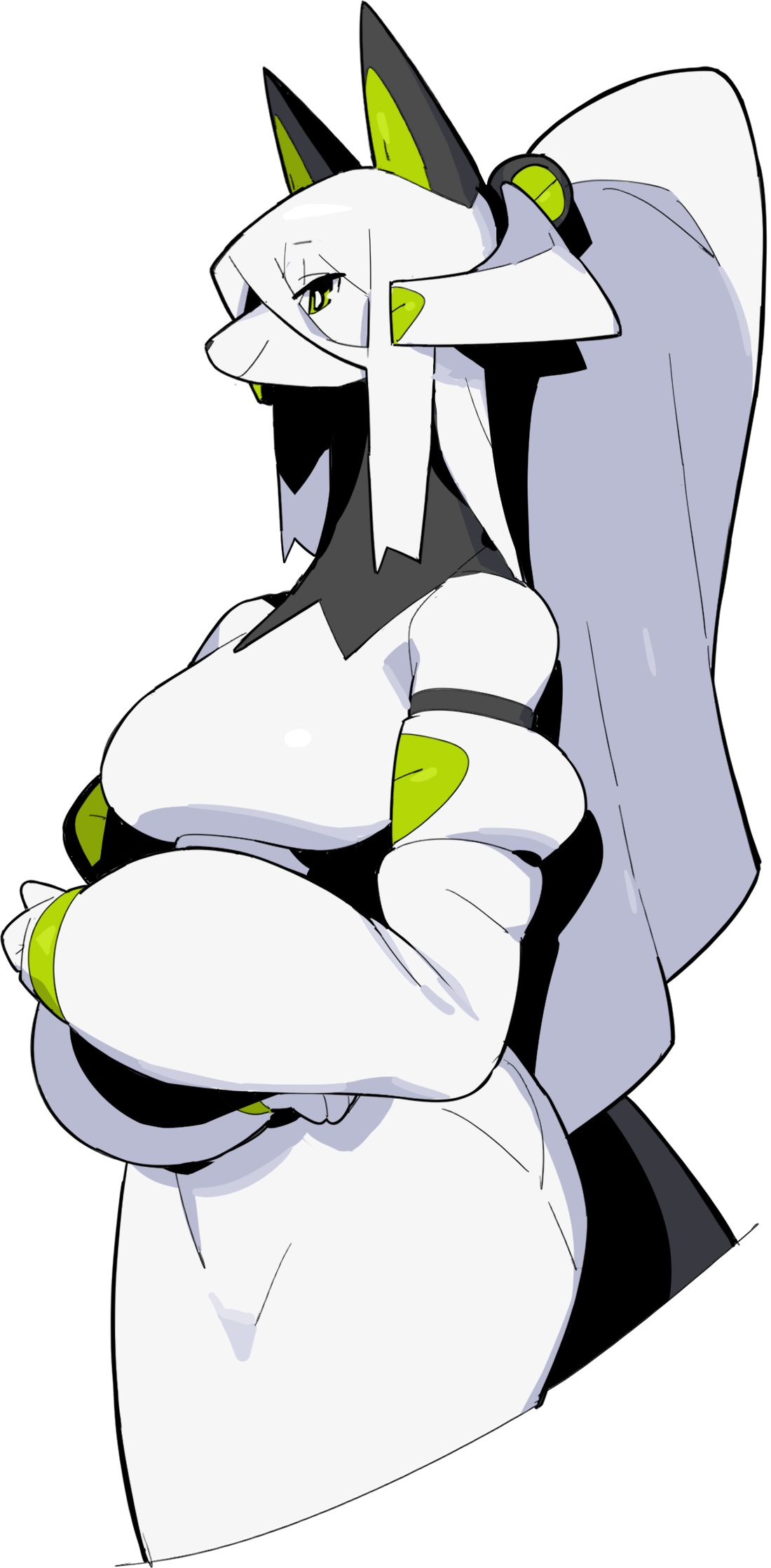 An anthropomorphic white fox character with black and green accents, wearing a futuristic black and green collar and expressing a calm, slightly amused demeanor.