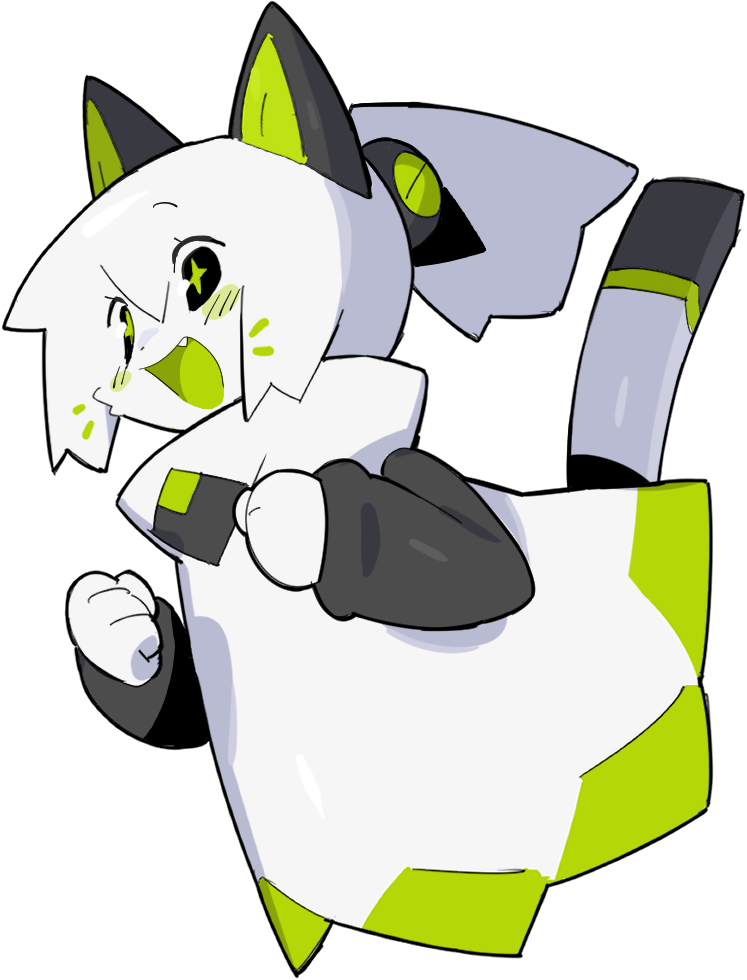 An animated character with a mix of animal and robot features, including cat-like ears and a tail, lying down and looking to the side, with a joyful expression.