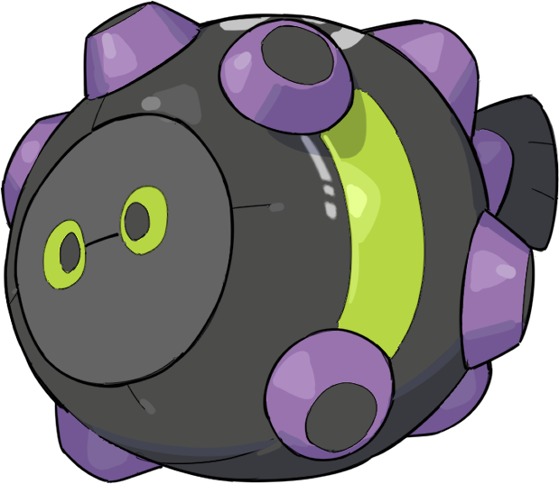 A cartoon robot with a round body, purple limbs, and green accents.