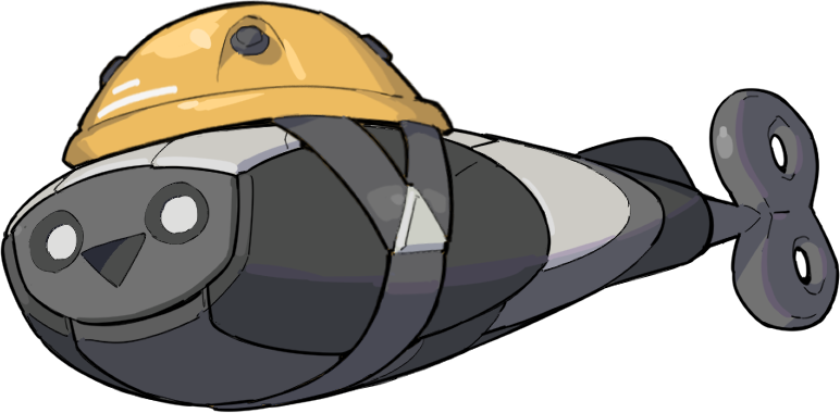 A cartoon-style underwater robot shaped like a fish with a gray body, a yellow top, and a smiling face.