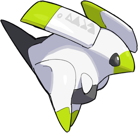 A stylized digital illustration of a robotic bird with white, black, gray, and green accents. It has a sleek body with a green wing, and a pointed green beak, with an overall modern design.